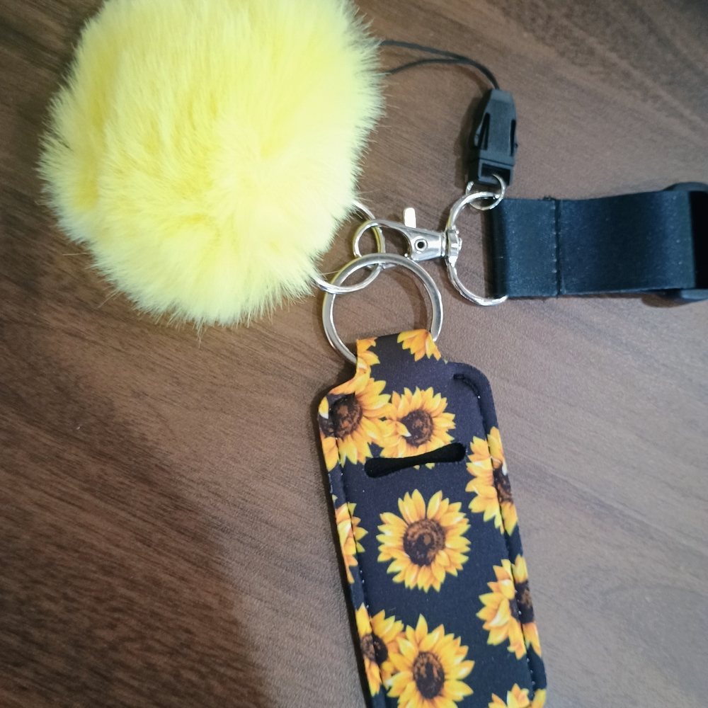 Sunflower Card Holder Keychain Lanyard with Yellow Pom Pom - Picture 2 of 2
